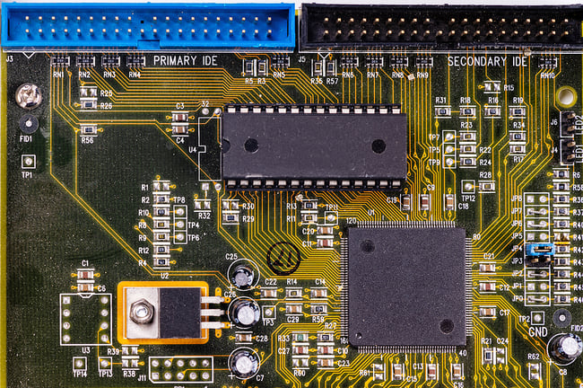 Overhead view of a printed circuit board.